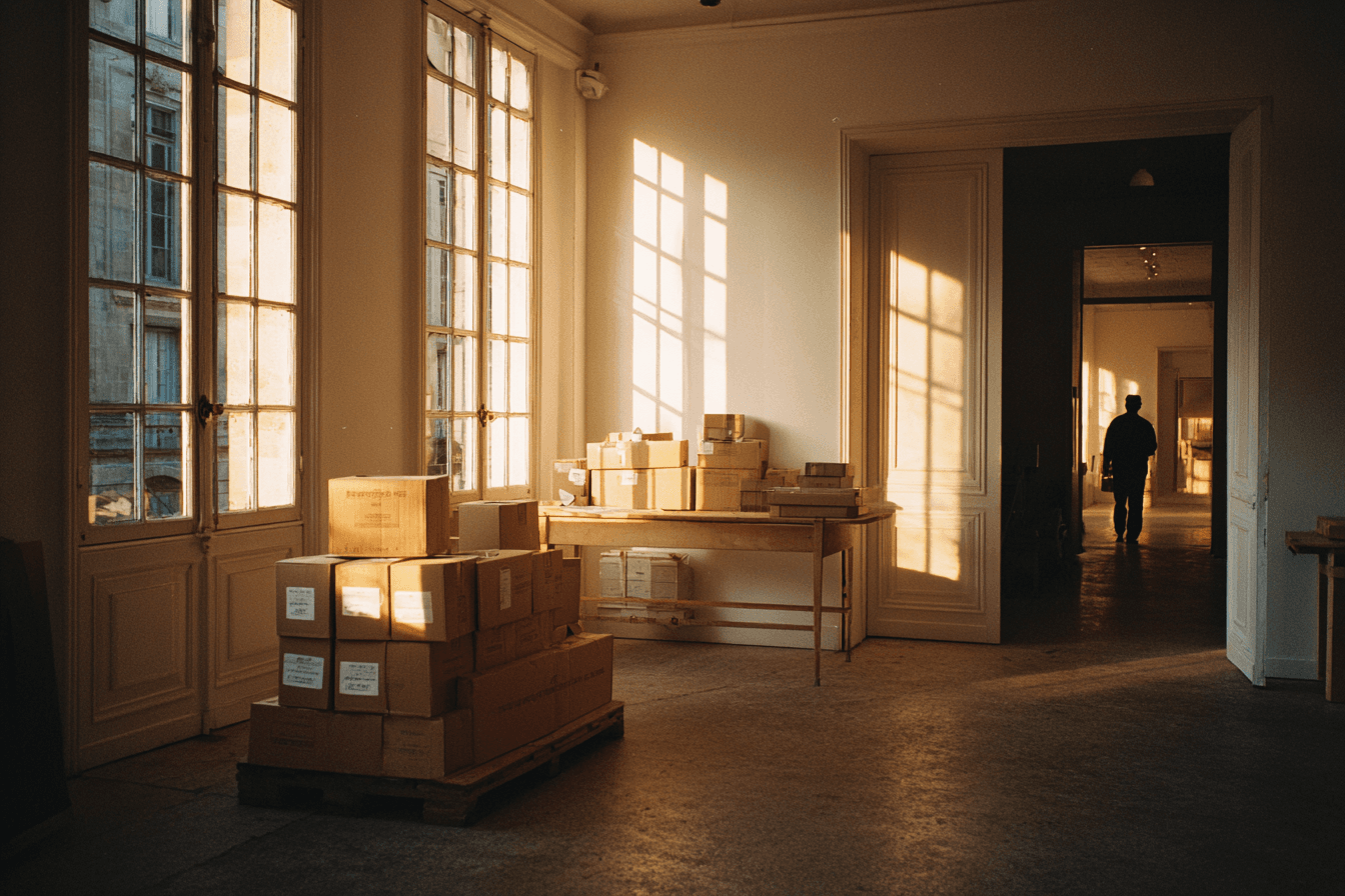 Intérieur d'atelier parisien avec palettes de cartons en lumière dorée