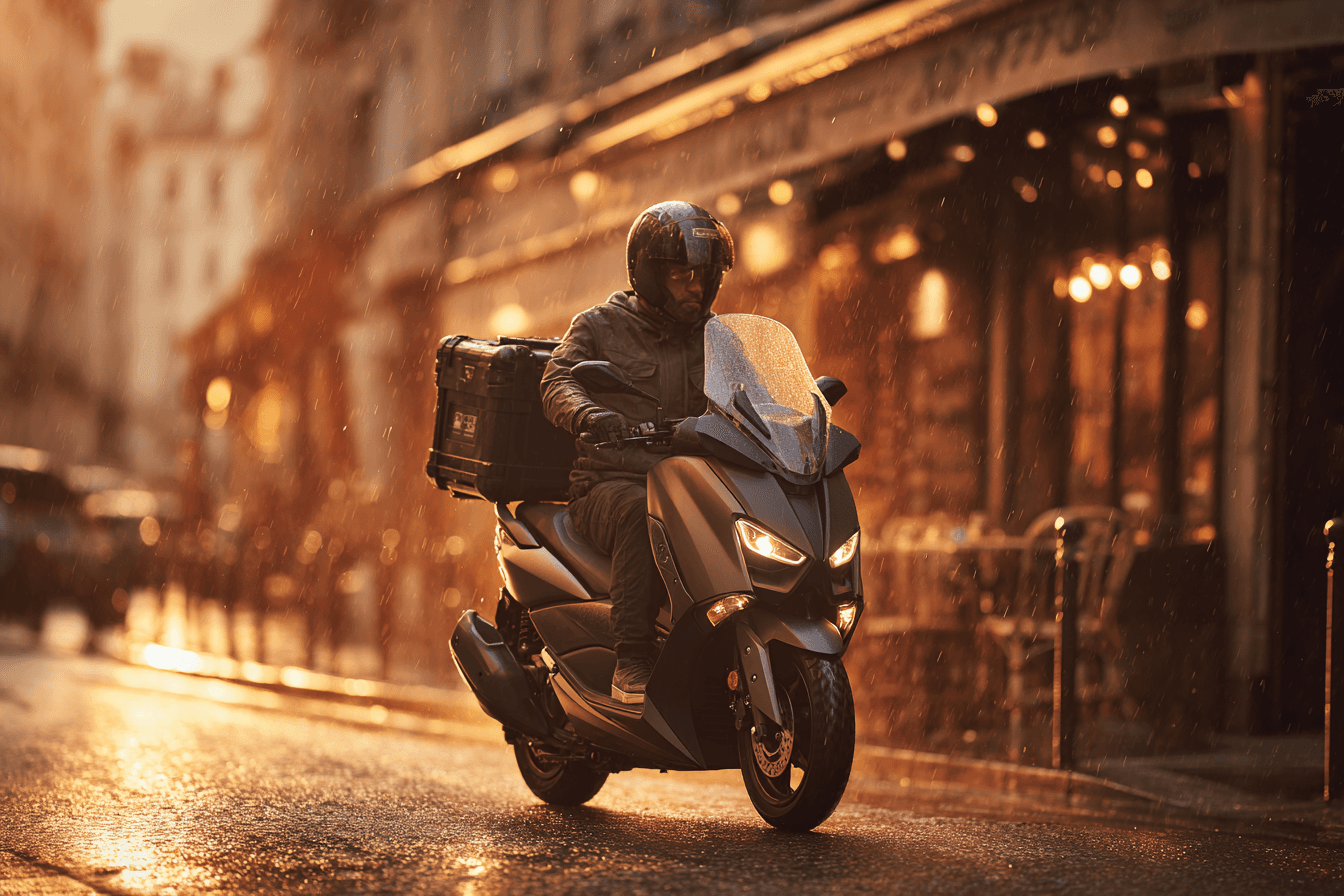 Coursier en scooter T-Max devant un bistrot parisien