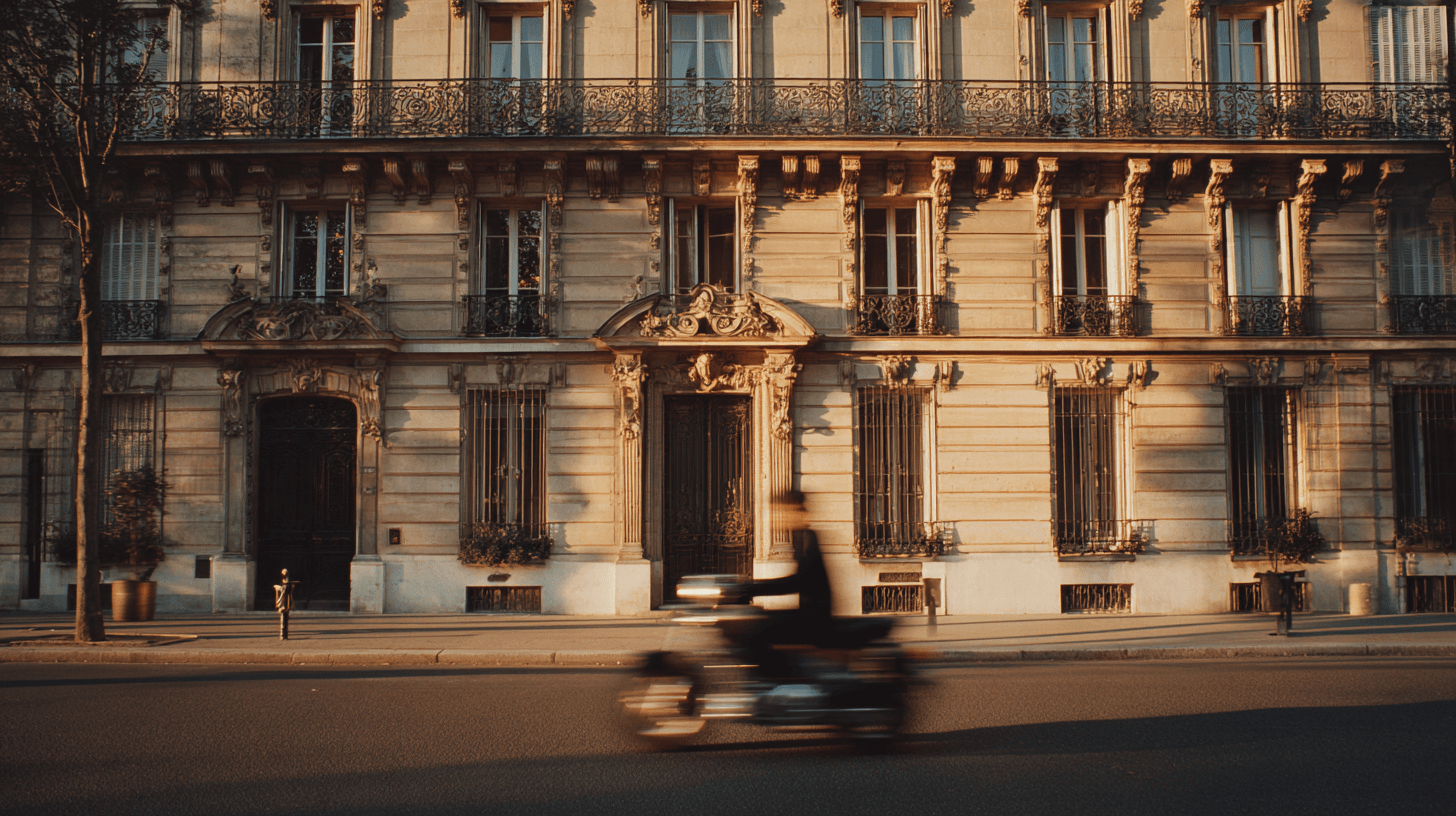Coursier devant une façade haussmannienne parisienne
