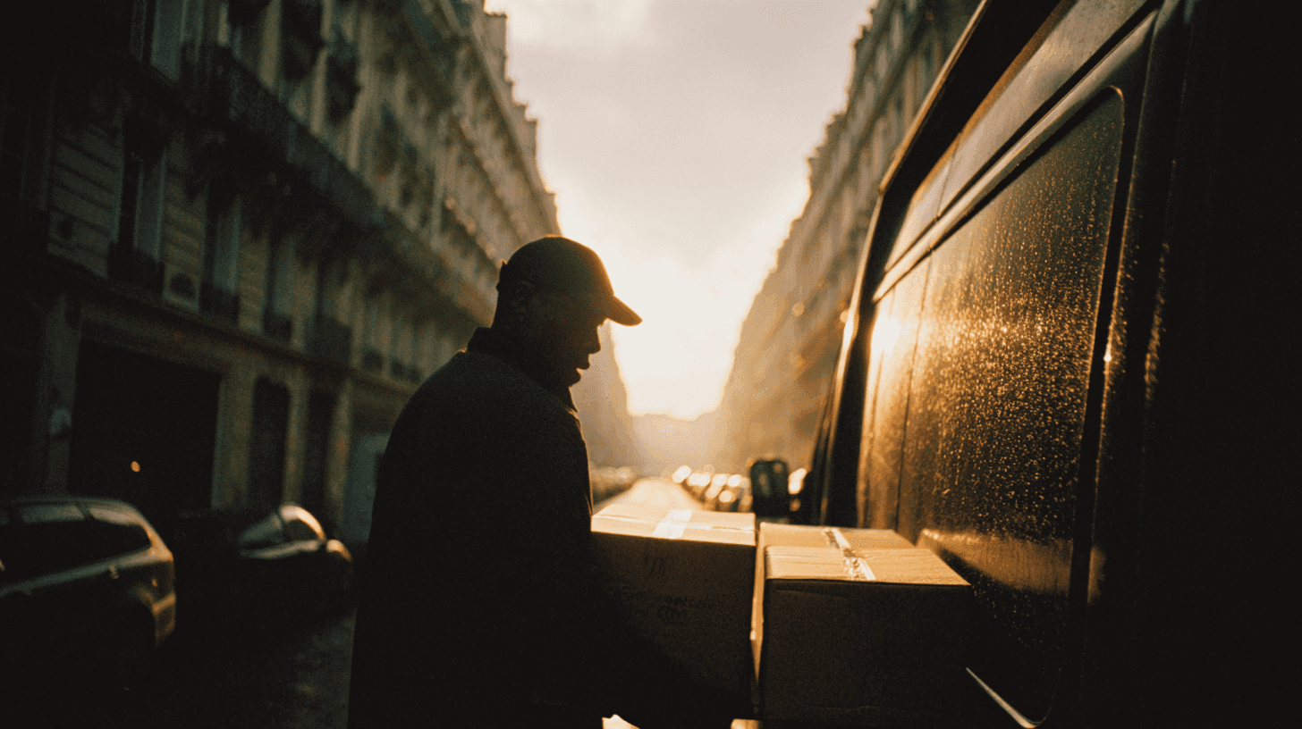 Personne en casquette chargeant des cartons dans un utilitaire, dans une rue bordée d’immeubles haussmanniens, à contre-jour